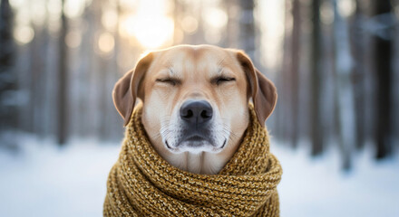 Close-up of beige dog wearing brown knitted scarf, eyes closed. Symbolizes winter, warmth, relaxation, comfort, and animal love, perfect for holiday concepts.
