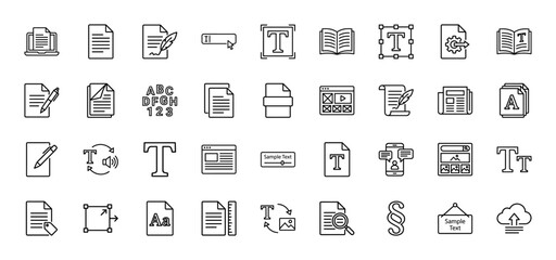 Text and document management line icon set. Vector pictograms of document editing, formatting, content, and publishing, thin outline illustration.