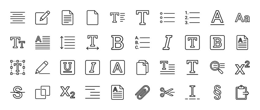 Text editing line icon set. Vector pictograms of alignment, bold, italic, underline, list, font size, paragraph, clipboard, cut and spacing, thin outline illustration.