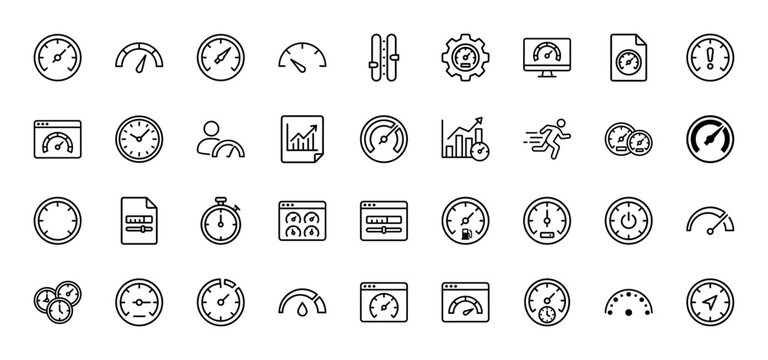 Performance and speed line icon set. Vector pictograms of gauges, chronometers, stopwatches, and dashboard indicators, thin outline illustration.