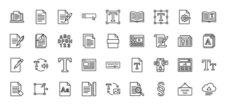 Text and document management line icon set. Vector pictograms of document editing, formatting, content, and publishing, thin outline illustration.