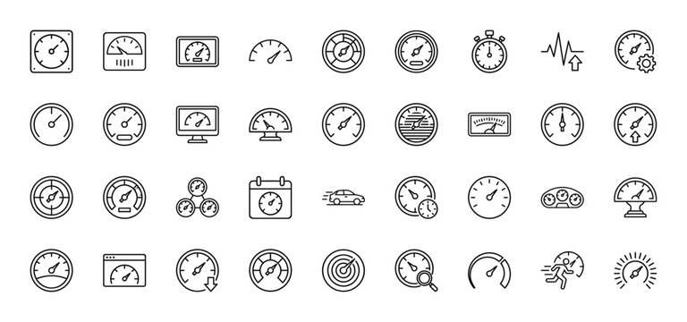Speed, performance, and measurement line icon set. Vector pictograms of gauges, meters, dashboards, and chronometers, thin outline illustration.