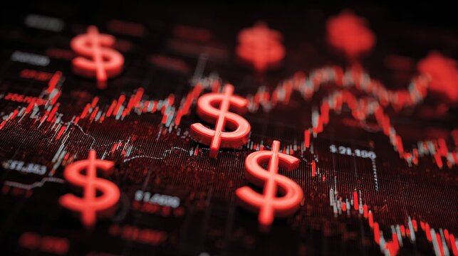 Economic downturn: A visual representation of financial crisis, dollar signs superimposed against a backdrop of a declining stock market graph, symbolizing economic instability.