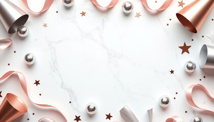 Celebratory Frame with Rose Gold Ribbons, Stars, and Silver Baubles on Marble Background