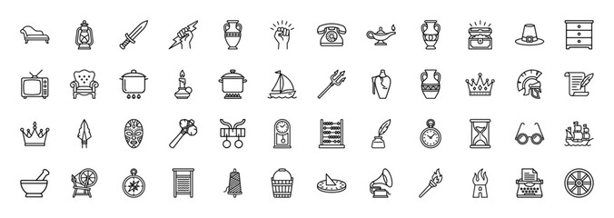History and mythology line icon set. Vector pictograms of furniture, weapons, cooking pot, abacus, quill, and timepiece, thin outline illustration.