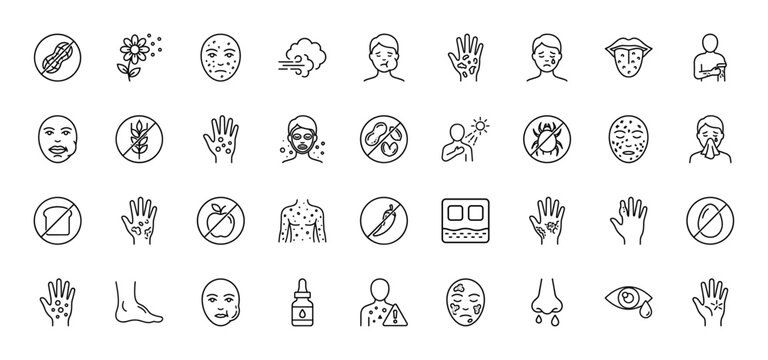 Medical allergy line icon set. Vector pictograms of rash, peanuts, flowers, swollen face, sneezing, and sun allergy, thin outline illustration.