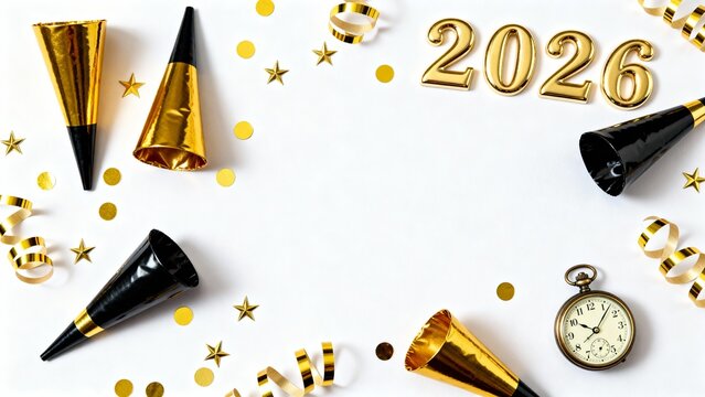 Festive New Year 2026 celebration background with golden party horns, confetti, and clock - Powered by Adobe