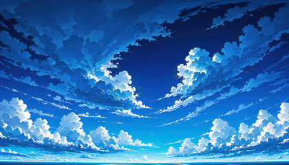 アニメーション風の青空。アニメ映画の青空。Animated blue sky. Animated movie blue sky.