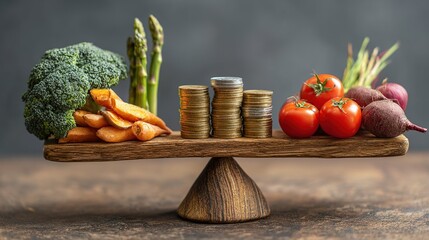  Balancing the Budget: A visually compelling scene showcasing the intersection of finances and nutrition as fresh produce and coins are meticulously balanced on a wooden scale.
