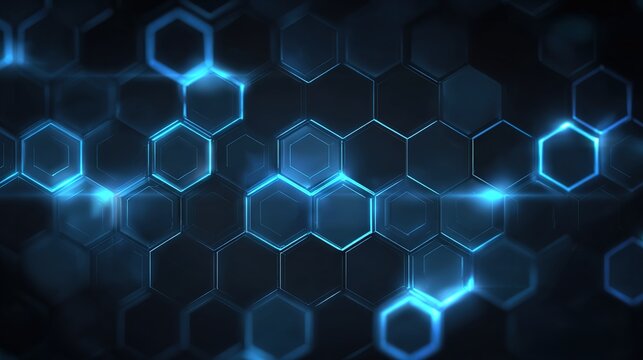 Hexagon technology background: A dynamic composition of interconnected hexagons glows with an electric blue light, suggesting innovation and connection