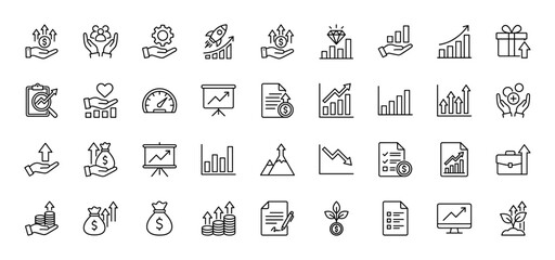 Finance and business line icon set. Vector pictograms of growth charts, money, diamond, document, and hands, thin outline illustration.