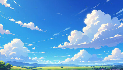 アニメーション風の青空。アニメ映画の青空。Animated blue sky. Animated movie blue sky.