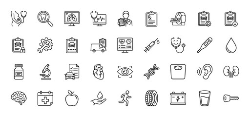 Medical and health care, repair and maintenance, and wellness line icon set. Vector pictograms of stethoscope, heart, syringe, brain, and car, thin outline illustration.