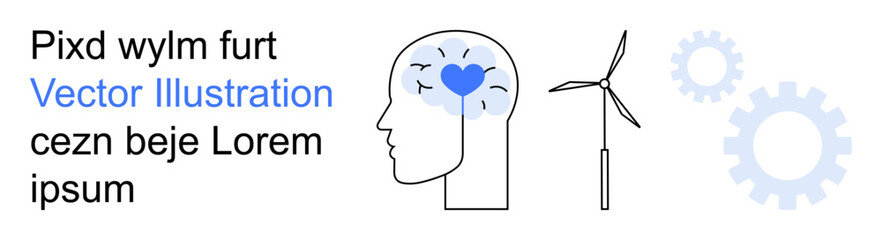 Innovation, mental health, renewable energy, engineering, sustainable technology, clean energy. Human head with heart, wind turbine and gears. Innovation and renewable energy concepts