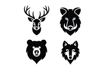 Four black silhouette animal heads on white background