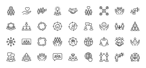 Teamwork and business line icon set. Vector pictograms of partnership, management, connection, leadership, support, handshake and communication, thin outline illustration.