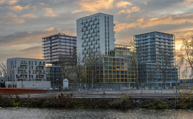 Sunset View of Amsterdam Bajeskwartier, a New Modern Neighbourhood Under Development