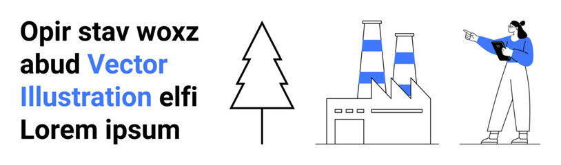 Fototapeta premium Woman holding clipboard pointing at a factory beside a simple tree sketch. Represents industry vs nature dynamics. Ideal for sustainability, climate, industry, ecology, debate, awareness, simple