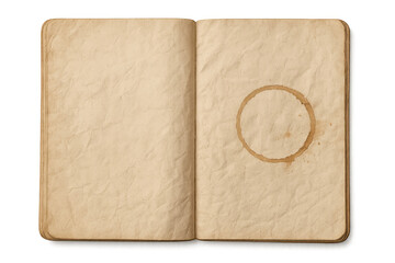 Open old blank notebook with aged paper texture and a coffee stain, ready for writing or adding text
