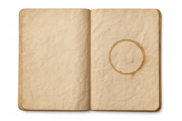 Open old blank notebook with aged paper texture and a coffee stain, ready for writing or adding text