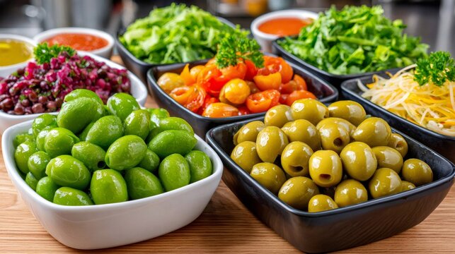 Fresh salad bar offering healthy mediterranean appetizers
