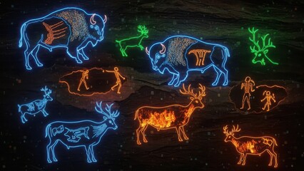 Prehistoric Cave Art Animals and Humans Glowing in Neon Light Illustration