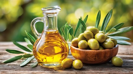 Olive oil bottle with green olives and branch