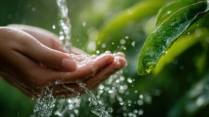 Caring Touch of Water: A person's open hands gently cradle the pure flow of water, evoking a sense of serenity and refreshment, showcasing a profound connection with nature.