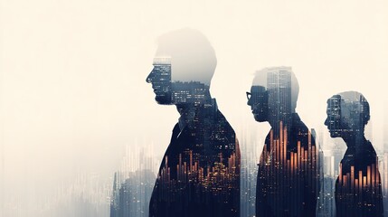Strategic Vision: Three silhouetted figures, representing diverse business people, stand shoulder-to-shoulder, their profiles overlaid with cityscapes and financial data, symbolizing vision. 
