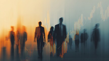 Corporate Collective: A blurred scene captures the silhouettes of several individuals walking confidently towards an ambiguous future, over an abstract stock market graph.
