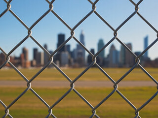 Fototapeta premium Urban skyline seen through chain link fence evokes feelings of restriction, aspiration, and the pursuit of dreams in a modern city landscape