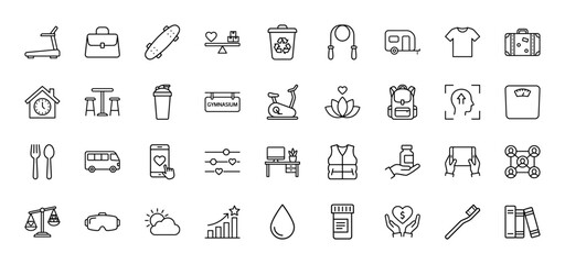 Health, lifestyle, and leisure line icon set. Vector pictograms of fitness equipment, travel luggage, work items, and personal care, thin outline illustration.
