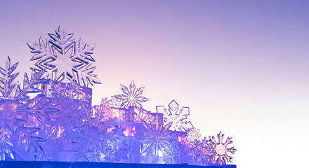 Display of crystal snowflake on tiered structure, representing winter holidays, ice sculpture art, and seasonal celebration, with space for text