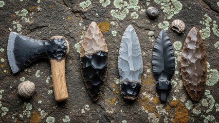 Collection of Ancient Flint Knapped Stone Tools Axes and Arrowheads on Rock