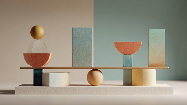 Modern geometric balance with abstract wooden shapes in minimalist pastel colors