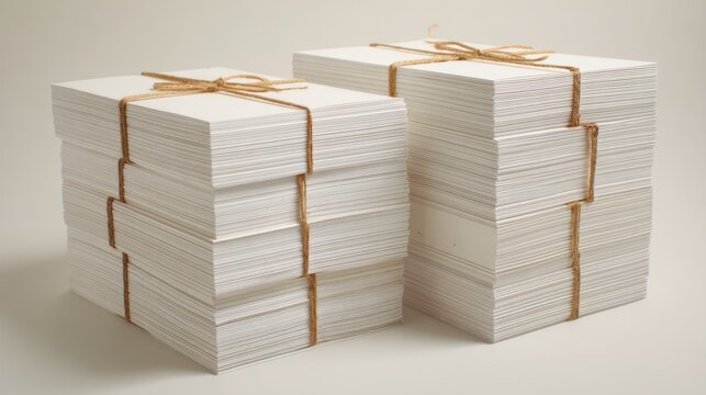 Bundled stacks of white envelopes wrapped with twine for office or mailing use
