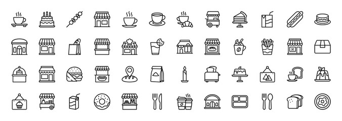 Fototapeta premium Food and beverage line icon set. Vector pictograms of coffee cup, cake, storefront, donut, and hot dog, thin outline illustration.
