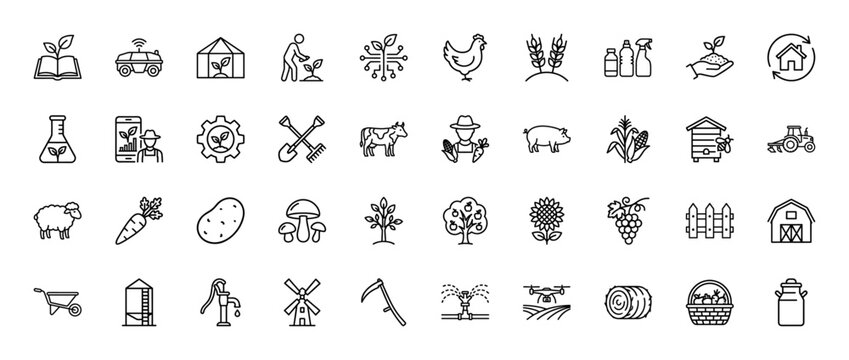 Agriculture and farming line icon set. Vector pictograms of smart farming, livestock, machinery, and crops, thin outline illustration.