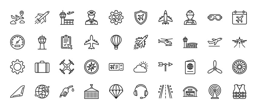 Aviation and air travel line icon set. Vector pictograms of aircraft, airport, pilot, luggage, and calendar, thin outline illustration.