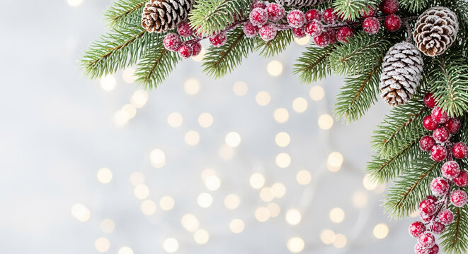 Arrangement of fir branch with cone and frosted berry on blurry light background, creating festive, seasonal decoration, symbol of holiday spirit