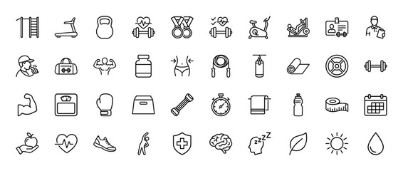 Fototapeta na wymiar Fitness and healthy lifestyle line icon set. Vector pictograms of gym equipment, sport training, and health care symbols, thin outline illustration.