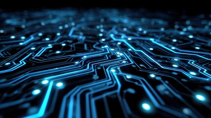 Circuit Board Digital Landscape: A close-up view of a circuit board, showcasing the intricate pathways of a digital network in luminous blue, symbolizing the heart of modern technology.