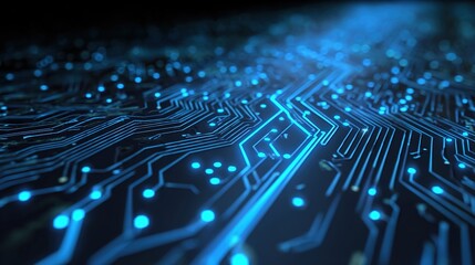 Circuit Board: An intricate circuit board pulses with a futuristic glow. Digital pathways of information illuminate, symbolizing cutting-edge technology and innovation in a sleek and modern design.