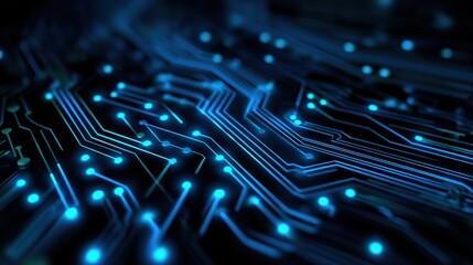 Cybernetic Circuitry: A close-up view of intricate electronic circuits glows with electric blue light, representing the complex network of modern technology.
