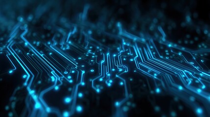 Digital Pathways: A close-up shot of an intricately designed circuit board glows with an electric blue light, suggesting the complex nature of modern technology. 