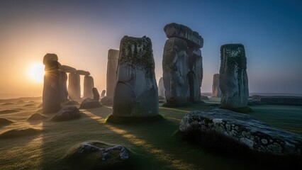 Mysterious Ancient Standing Stones Megaliths in Misty Landscape at Sunrise