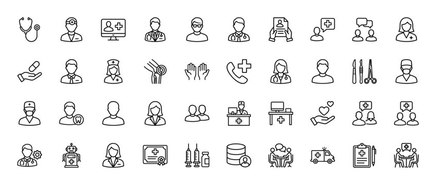 Medical healthcare line icon set. Vector pictograms of doctor, syringe, hospital, stethoscope, and surgeon, thin outline illustration.