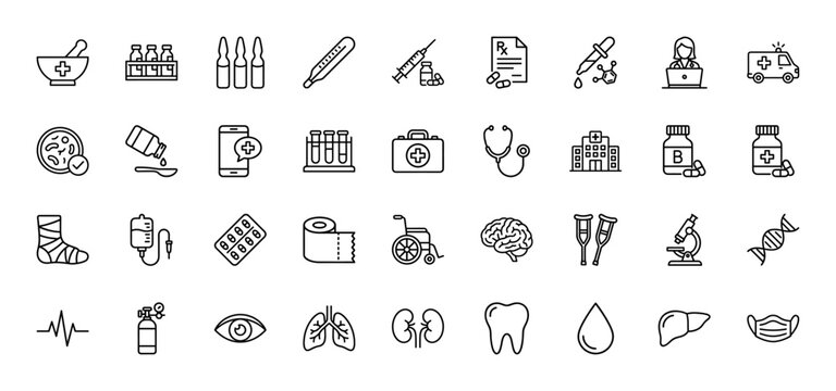 Medical and healthcare line icon set. Vector pictograms of stethoscope, syringe, ambulance, hospital, pills, dna, brain, lungs, tooth and mask, thin outline illustration.
