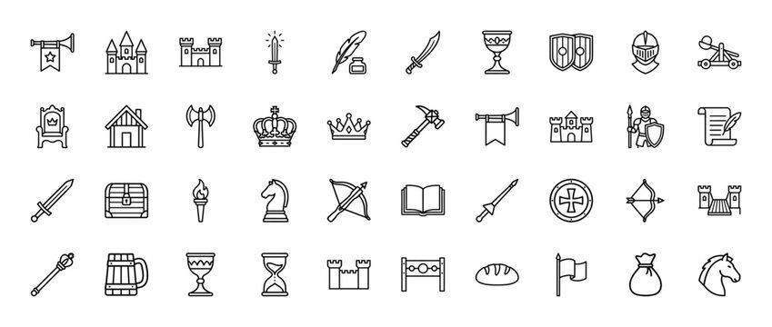 Medieval fantasy line icon set. Vector pictograms of castle, armor, sword, horn, crown, and treasure, thin outline illustration.