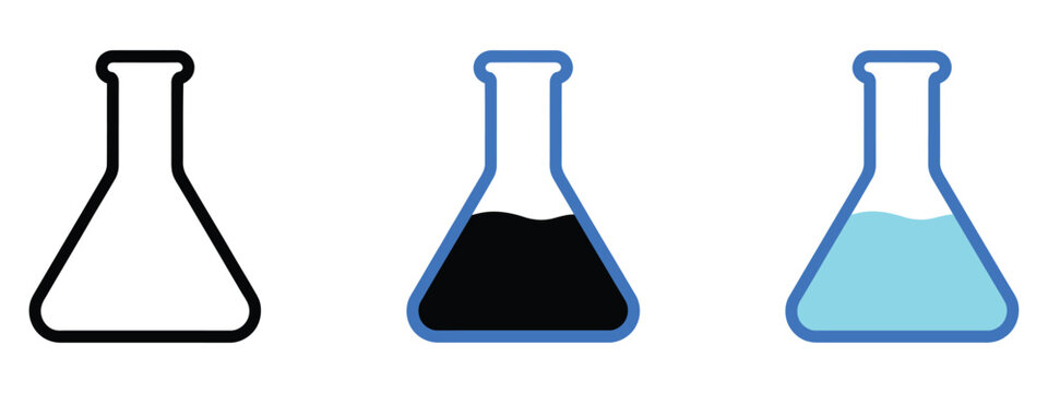 chemical research flask and beaker vector icons, showing laboratory experiment elements, scientific equipment symbols, and clean minimal graphics for educational materials and research-themed designs.